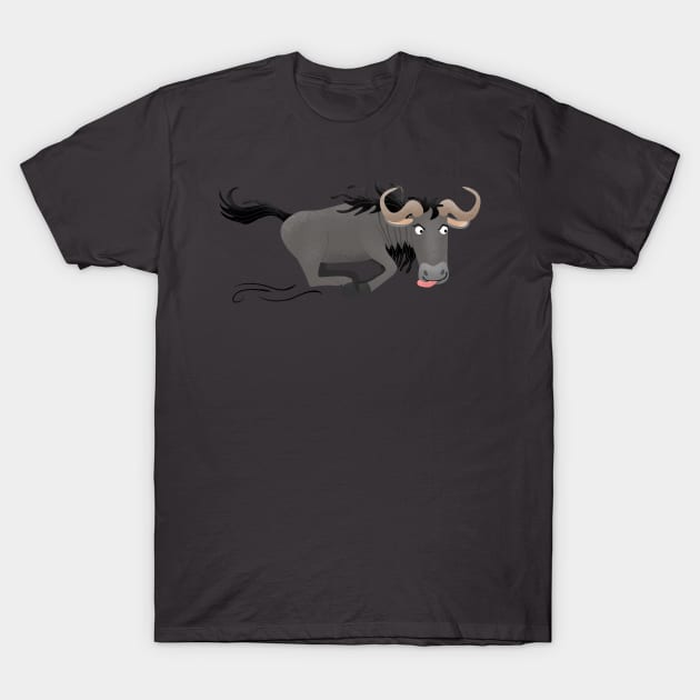 Funny wildebeest running cartoon illustration T-Shirt by FrogFactory